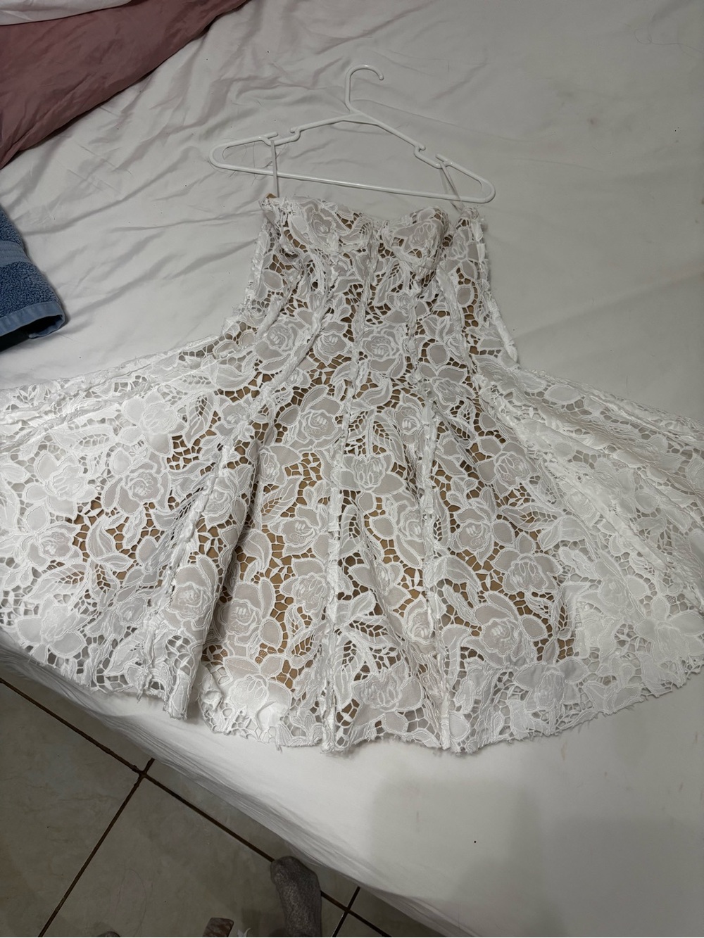 White Lace Mini Dress with Floral Overlay